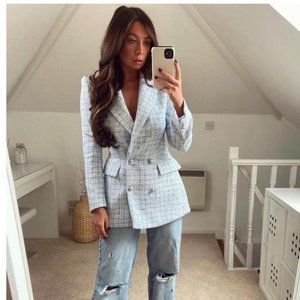 Babyblue textured  double breasted Blazer Zara  White /Skyblue